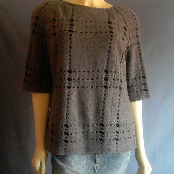 Tory Burch Gray Wool Holes Black Lined Frayed Sweater Sm - Picture 2 of 13
